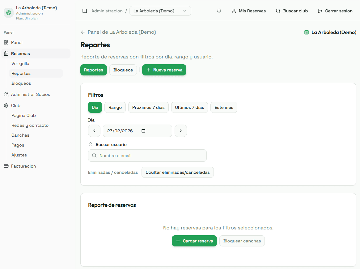 Reservation reports dashboard in VivoRank
