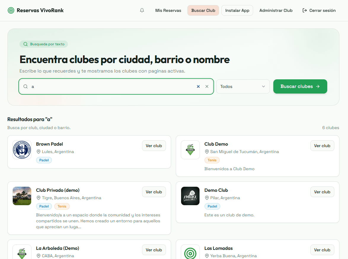 Club search view in VivoRank