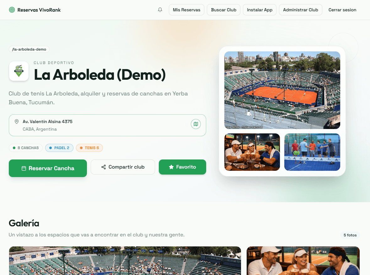 Club overview view in VivoRank